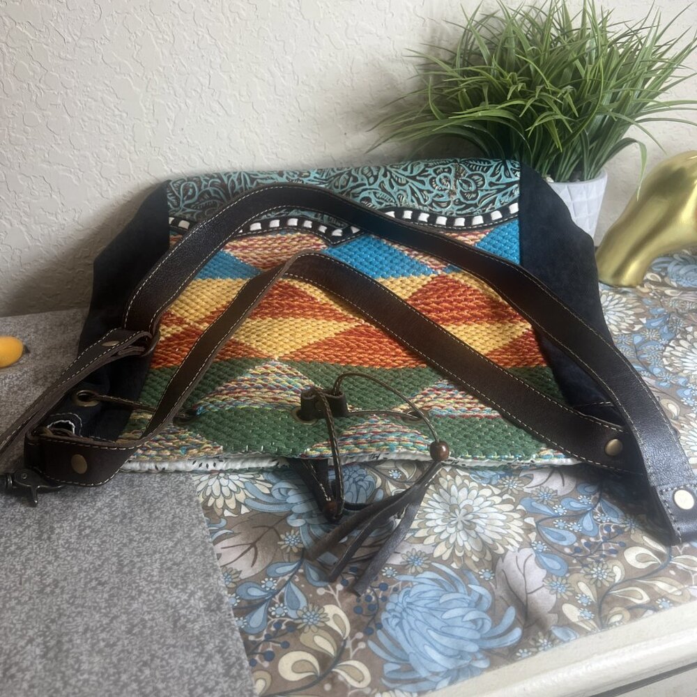 Myra Bag Handmade Bohemian Western Bucket Bag Upcycled Canvas & Cowhide Leather - Picture 11 of 16
